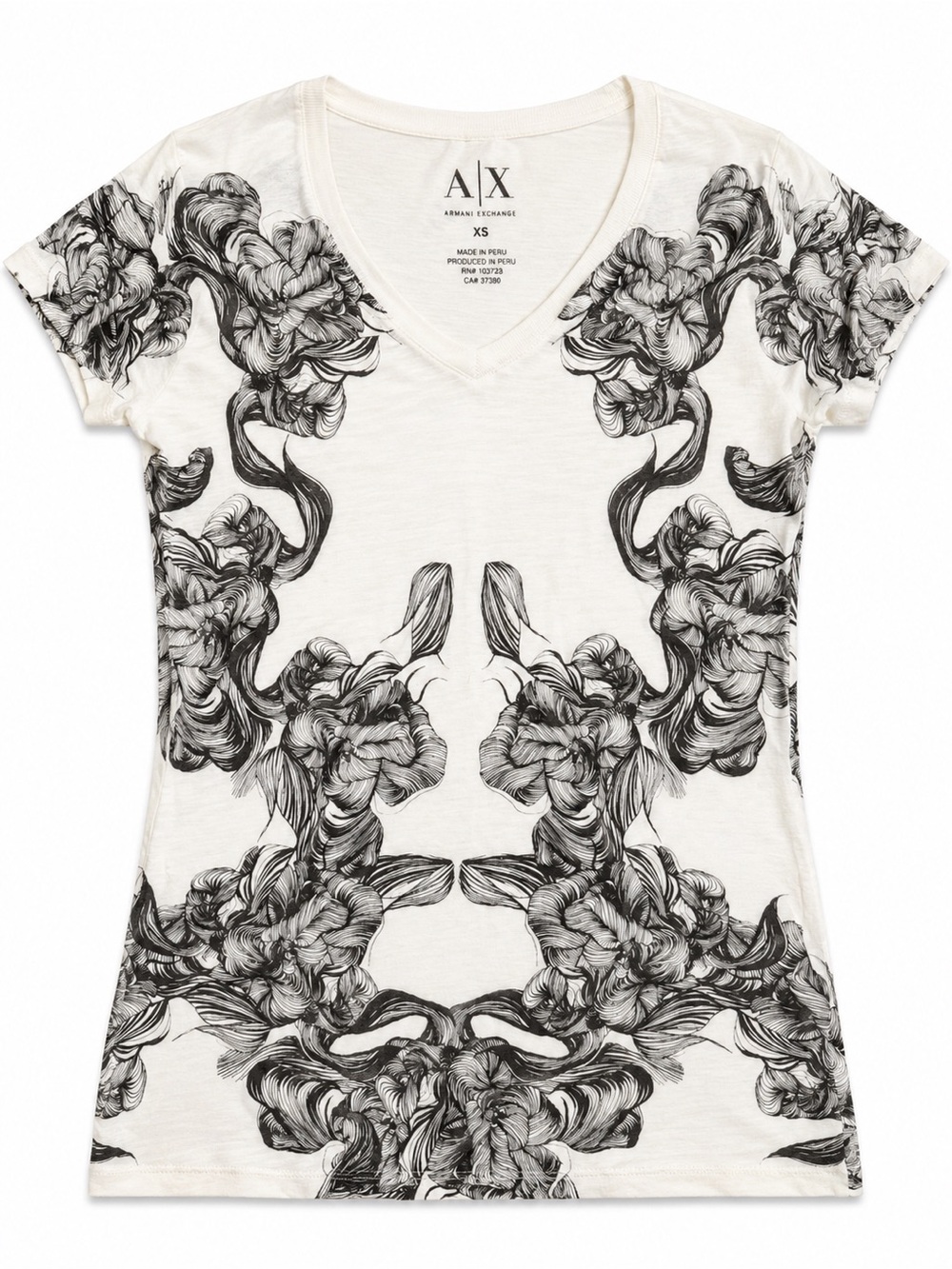A|X Armani Exchange Ivory Short-Sleeve V-Neck Tee with Black Floral Print